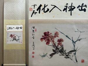 古びた蔵 中国書画 近代画家『王雪濤 蟲草花卉図 肉筆紙本』真作 掛け軸 書画立軸 巻き物 古美術