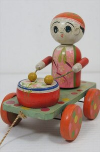 戦前 木製 花柄太鼓叩き 子供 水玉台車 カート 当時物 日本製 木のおもちゃ 木製玩具 雑貨