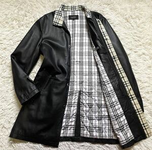 【最高峰 トロトロ質感】バーバリーブラックレーベル BURBERRY BLACK LABEL ラムレザー コート Lサイズ 羊革 光沢感 ノバチェック ブラック