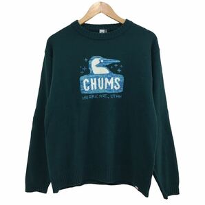 C302 CHUMS チャムス デカロゴ デザイン ニット セーター プルオーバー トップス メンズ M グリーン 緑 の画像2