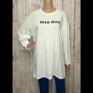 miumiu◇ミュウミュウ・ラインストーン　オーバーサイズ長袖Tシャツ◇Mサイズ　ホワイト　やや汚れあり