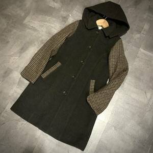 L ▼ 洗練されたデザイン!! 'フード取り外し可能' HARRIS TWEED ハリスツイード ロング ウール コート size:M レディース アウター