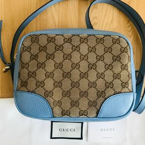 GUCCI グッチ　GGキャンバス レザー ショルダーバッグ　ライトブルー