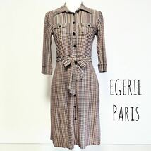 美品 EGERIE Paris 千鳥格子 シャツワンピース 七分袖_画像1