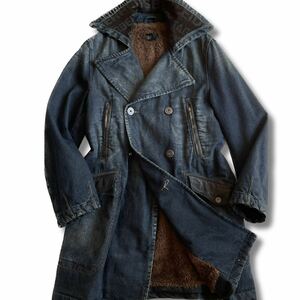 【DIESEL/ディーゼル】希少◎裏地ボア デニム×レザー ブランド刻印メタルボタン ダブルブレスト ロングコート 表記S/L相当 インディゴ