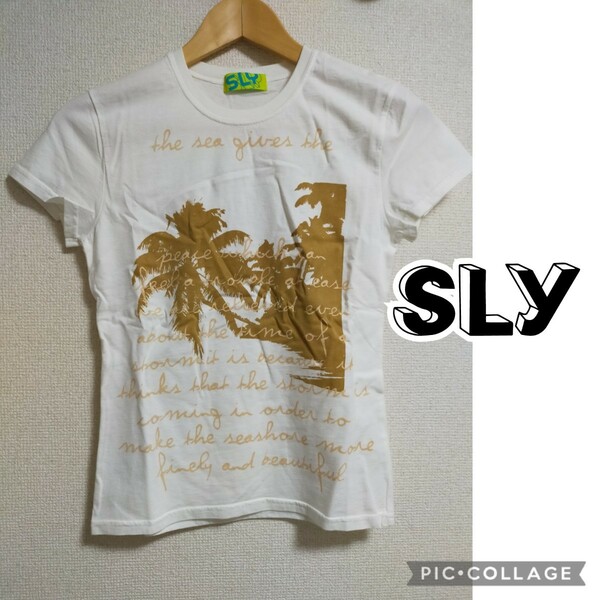 SLY スライ 半袖 Tシャツ S オフホワイト サーフ 英字 イラスト ロゴ プリント シルエット 南国 ビーチ リゾート ギャル y2k