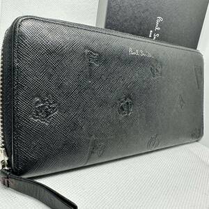 １円 美品 ポールスミス Paul Smith 長財布 ラウンドファスナー ブラック 銀ロゴ レザー ポールドローイング メンズ レディース ビジネス