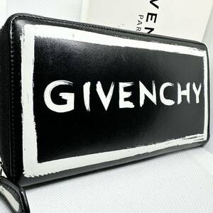 １円 極美品 ジバンシー GIVENCHY 長財布 ラウンドファスナー ジップ ブラック 黒 スクエア ビッグ ロゴ レザー メンズ ビジネス 本革