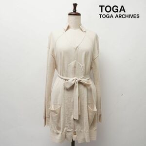 美品 TOGA トーガ カシミヤ シルク ウール 襟付き長袖ニットカーディガン 紐ベルト付き トップス レディース ベージュ サイズM*JC487