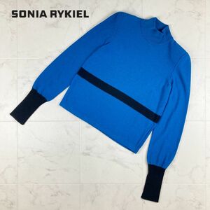 SONIA RYKIELソニア リキエル ウール混 アンゴラ混 ラインデザインニットトップス レディース 青 ブルー 黒ブ ラック サイズ40*IC717