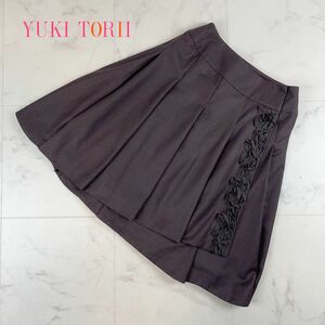 美品 YUKI TORII ユキ トリヰ コサージュ風デザインラップフレアスカート ウール混 膝丈 裏地あり 茶色 ブラウン サイズ38*JC946