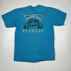 Vintage 90s Jackson Hole Wyoming Graphic T-Shirt Teal Blue JERZEES Sz XL 海外 即決