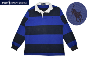 Y-6764★送料無料★Polo by Ralph Lauren ポロ ラルフローレン★正規品 ブラック×ブルー ボーダー ポニーロゴ刺繍 長袖 ラガーシャツ M