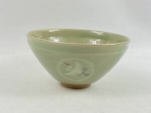 【福蔵】高麗 茶碗 青磁 象嵌 鶴 寿 朝鮮 韓国 李朝 茶道具 径12.8cm