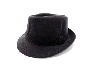 13182 美品 DANUBIUS チェック柄 リボン 帯 メルトンウール 中折れハット 中折れ帽 ハット 帽子 55 グレー メンズ ヴィンテージ ドイツ製