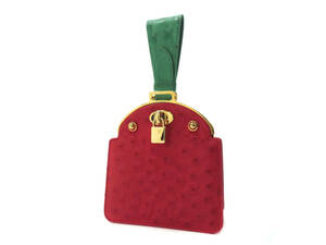 13321 美品 Asprey 高級 オーストリッチ レザー ターンロック金具 ミニハンドバッグ 鞄 英国王室御用達 赤×緑 アンティーク ヴィンテージ
