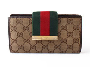 N13341 GUCCI グッチ GG柄 シェリーライン 長財布 PVC×レザー ベージュ ブラウン 茶 ロングウォレット イタリア製 ヴィンテージ