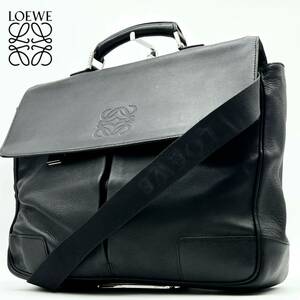 1円●美品●LOEWE ロエベ 2way ビジネスバッグ ハンド トート ショルダー 鞄 かばん アナグラム レザー 斜め掛け可 A4 PC メンズ ブラック