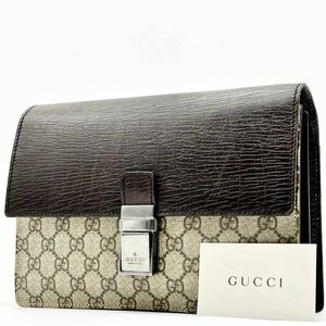 1円●極美品●GUCCI グッチ GGスプリーム セカンドバッグ クラッチバッグ 鞄 かばん ビジネス GG柄 ロック金具 レザー PVC メンズ ブラウン