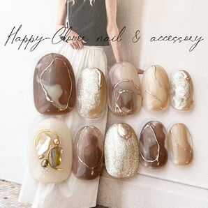 《オーダー》ネイルチップ シェル埋めブラウンのニュアンスネイル
