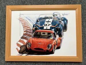  ■BOW。池田和弘『Abarth Simca & Cobra』B5サイズ 額入り 貴重イラスト 印刷物 ポスター風デザイン 額装品 アートフレーム 旧車