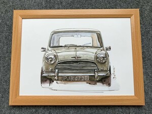  ■BOW。池田和弘『Morris Mini Cooper-S』B5サイズ 額入り 貴重イラスト 印刷物 ポスター風デザイン 額装品 アートフレーム 旧車