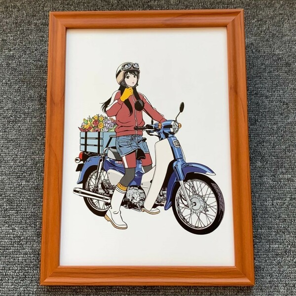 ■江口寿史『HONDA New Super Cub 18 B』B5サイズ 額入り 貴重イラスト 印刷物 ポスター風デザイン 額装品 アートフレーム インテリア