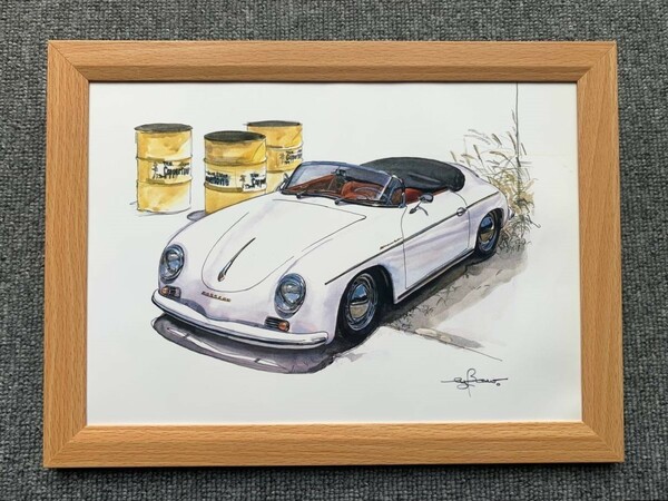 ■BOW。池田和弘『Porsche 356A Speedster』B5サイズ 額入り 貴重イラスト 印刷物 ポスター風デザイン 額装品 アートフレーム 旧車