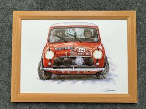  ■BOW。池田和弘『Morris Mini Cooper』B5サイズ 額入り 貴重イラスト 印刷物 ポスター風デザイン 額装品 アートフレーム 旧車