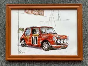  ■BOW。池田和弘『Rover Mini Cooper1.3』B5サイズ 額入り 貴重イラスト 印刷物 ポスター風デザイン 額装品 アートフレーム 旧車