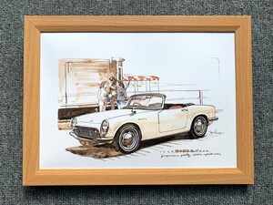 ■BOW。池田和弘『Honda S600』B5サイズ 額入り 貴重イラスト 印刷物 ポスター風デザイン 額装品 アートフレーム 旧車