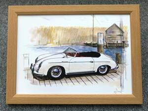  ■BOW。池田和弘『Porsche 356 A Speedster』B5サイズ 額入り 貴重イラスト 印刷物 ポスター風デザイン 額装品 アートフレーム 旧車