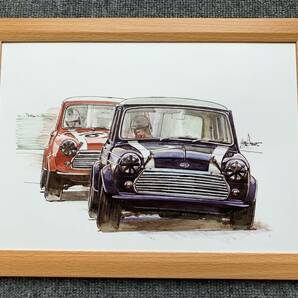  ■BOW。池田和弘『Morris Mini Cooper』B5サイズ 額入り 貴重イラスト 印刷物 ポスター風デザイン 額装品 アートフレーム 旧車の画像1