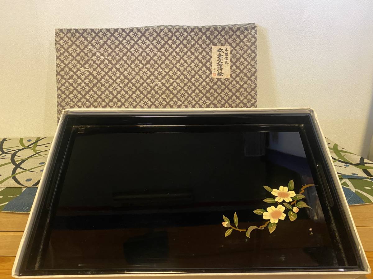Wooden lacquerware genuine gold hand-painted maki-e tray black, Craft, Lacquer art, Obon