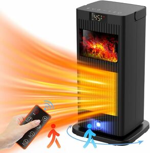 暖炉型セラミックヒーター・人感センサー機能 1500W1秒速暖】電気ファンヒーターリモコン操作 大風量 【 暖房器具・3D疑似炎設計 PSE認証 