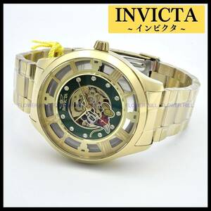 【新品・送料無料】インビクタ INVICTA 腕時計 メンズ 自動巻き ディズニー ミッキーマウス 37852 グリーン・ゴールド メタルバンド