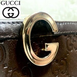 美品！　グッチ　ＧＵＣＣＩ　希少でエレガントなGクリップ　シマライン本革レザー　長財布　茶　メンズ レディース