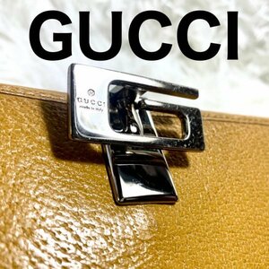 GUCCI 　グッチ　Gクリップ　本革レザー ヴィンテージ　長財布 　キャメルイエロー