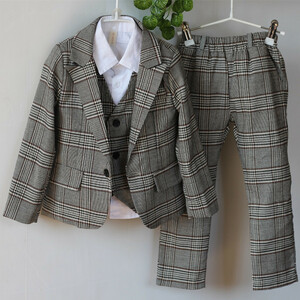  new goods * child man fashion . formal suit check pattern boys gentleman top and bottom 3 point set go in . type .. three . wedding gray 100