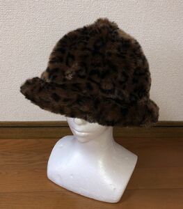 美品 KANGOL Faux Fur Casual K4190ST Lカンゴール ファー カジュアル バケットハット ファーハット レオパード柄 ヒョウ柄 豹柄 黒 茶 Ｌ