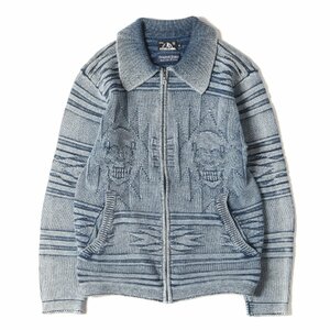 HYSTERIC GLAMOUR ヒステリックグラマー Original Blues ウォッシュ加工 インディゴ染め スカルジャガード コットン ジップ ニット S