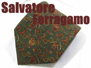 NA 081 フェラガモ Salvatore Ferragamo ネクタイ グリーン系 アート リーフ柄 プリント