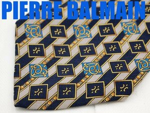 OB 101ピエールバルマン PIERRE BALMAIN ネクタイ 紺 グレー色系 小紋 スクエアパターン ボーダー柄 プリント