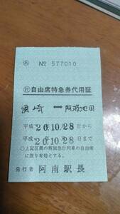 放出品★JR四国 自由席特急券代用証 須崎→阿波池田 平成20年10月28日。