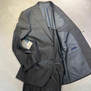 新品 訳あり【サイズA7 XL★ウール99%】2B シングルスーツ グレー系 背抜き サイドベンツ 1タック 背広 セットアップ ストライプスーツ