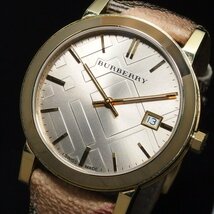 BURBERRY バーバリー シティー BU9026 GP 革 QZ ゴールド系文字盤 デイト メンズ 腕時計 保・箱・替え尾錠「22791」_画像3