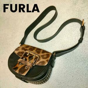 フルラ ショルダーバッグ ブラック レオパード FURLA バッグ レザー 革 黒 ハラコ　アニマル　総柄　レディースバッグ　スタッズ　