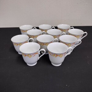 NR474 Noritake コーヒーカップ ティーカップ 11客セット ノリタケ NORITAKEJAPAN 白 ホワイト リボン柄 イエロー オレンジ レース 洋食器