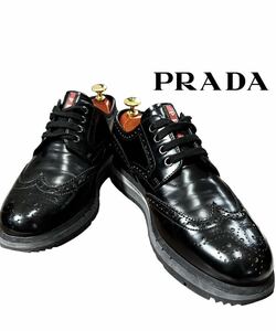 【希少メダリオン】極上美品◆ PRADA プラダ　4E2339◆ ウイングチップ レザー スニーカー ローファー ドレスシューズ　サイズ 26.5cm相当