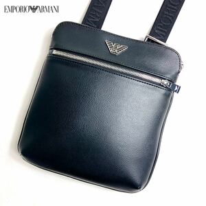 1円【ほぼ未使用】EMPORIO ARMANI エンポリオアルマーニ 本革 レザー GA ショルダーバッグ サコッシュ ビジネス メンズ ブラック　黒